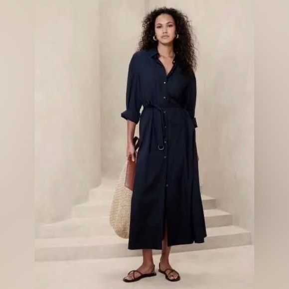 NWT! BANANA REPUBLIC NAVY Alani Oversized Poplin Maxi Shirt Dress - XS/S 💛 - Picture 1 of 4